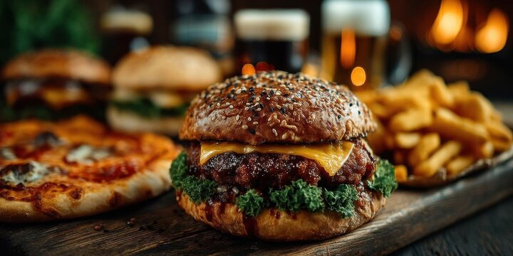 Flat-Lay of Fast Food Dinner with Burgers Pizza Fries and Beer for Quarantine Home Party