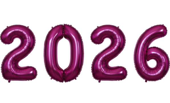 Vibrant magenta foil balloons displaying the year 2026 for New Year party on transparent background PNG image