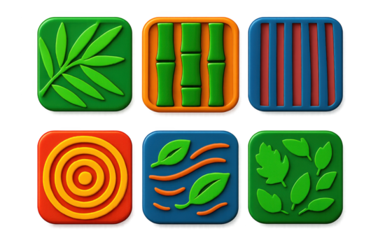 Bold Nature Icons. 3D icon set of nature-inspired patterns: bamboo leaf texture, stalk segment lines, vertical stripe forest,