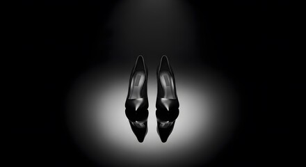 A pair of black high heels displayed on a dark reflective surface
