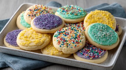 Brightly decorated sugar cookies with colorful sprinkles arranged on a pastel ceramic tray in a welllit studio setting with ample copy space
