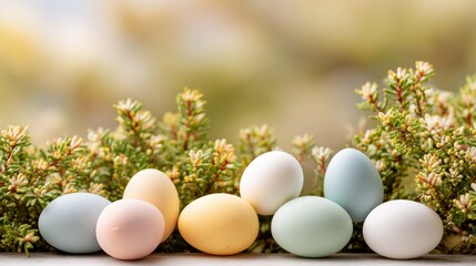 Colorful easter eggs nestled among spring foliage on grassy ground with pastel hues and warm daylight, perfect for spring celebration or holiday decoration