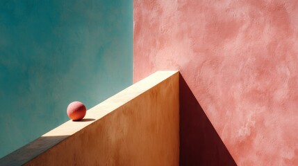 Bold geometric tapestry with teal and mustard color blocks on minimalist wall, highangle wide shot featuring clean lines, textured surfaces, dynamic shadows, and playful copy space