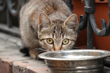 stray cat eating outside. Adopt a pet, don't shop. feeding Cats in the street. Acts of kindness. 