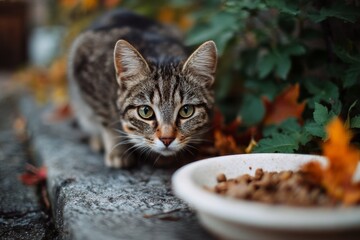 stray cat eating outside. Adopt a pet, don't shop. feeding Cats in the street. Acts of kindness. 