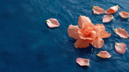 Delicate coral flower drifting on rippled water surrounded by scattered petals in serene backdrop with copy space on left
