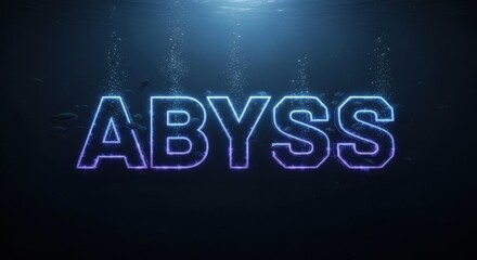 Abyss Neon Text with Blue Light Rays on Dark Background.