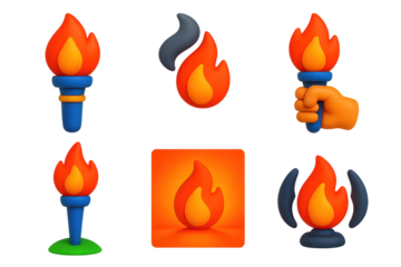 Torch Icon Set. 3D icon set of torch and firelight elements: flame tip torch, smoke trail, hand holding torch, torch stuck in