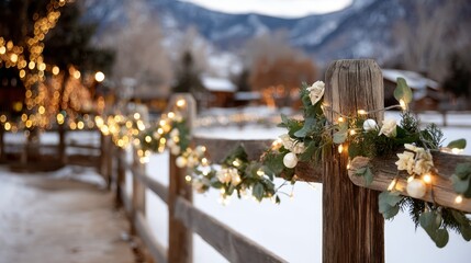 Rustic wooden fence adorned with white roses, greenery, and warm fairy lights amidst snowcovered landscape during soft twilight glow with copy space