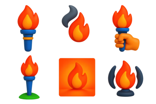 Torch Icon Set. 3D icon set of torch and firelight elements: flame tip torch, smoke trail, hand holding torch, torch stuck in