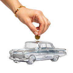 A hand places a coin into a transparent piggy bank shaped like a classic car. The background is solid black, emphasizing the clear design of the bank.