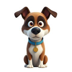 Fototapeta premium A cartoon dog with brown and white fur sits on a transparent background. It has large expressive eyes and wears a blue collar with a tag.