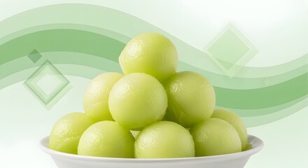 A pile of honeydew melon balls in a white bowl on green background
