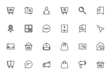 E Commerce icon set. Vector illustration. Includes sopping cart, voucher, profle, add to cart, search, cedit card, truck and more.Editable stroke.