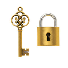 A vintage golden key with an ornate design next to a brass padlock. Both items are isolated on a transparent background, showcasing their details clearly.