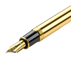 A close-up of a gold fountain pen with a black grip and a shiny nib, set against a transparent background.