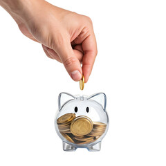 A hand deposits a coin into a transparent piggy bank filled with coins. The background is black, emphasizing the bank's clear design.