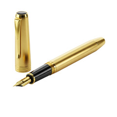 A luxurious gold fountain pen with a black grip and cap, positioned on a transparent background. The pen is elegantly designed for writing.