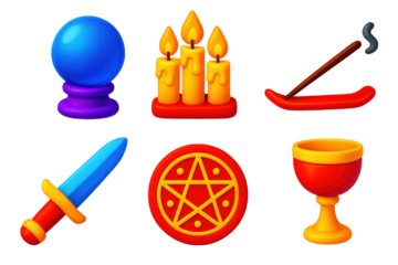 3D Ritual Icon Set. 3D icon set of ritual items: crystal sphere, candle trio, incense holder, ritual dagger, magic circle, chalice