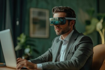 A businessman in a suit uses advanced augmented reality glasses while working on a laptop in a modern office, showcasing immersive future technology.