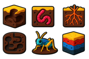 Underground Life Icons. 3D icon set of underground life: mole tunnel, worm burrow, root system, ant nest, cave cricket, soil