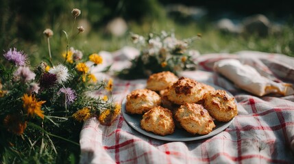 Sunny outdoor picnic scene with almond biscuits on checkered cloth surrounded by wildflowers and lush green meadow background, embracing a warm, inviting summer atmosphere.