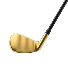 A close-up of a gold golf club head with a black shaft on a transparent background. The club features grooves for better grip and control during play.
