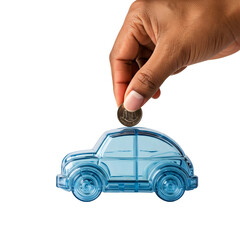 A hand places a coin into a transparent blue car-shaped piggy bank. The background is black, emphasizing the piggy bank's design.