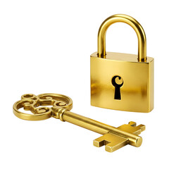 A golden key and padlock on a transparent background. The key features an ornate design, while the padlock has a classic shape with a keyhole.