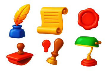Vintage Writing Icons. 3D icon set of vintage writing: quill feather, inkwell, parchment scroll, wax seal, blotter, desk lamp. A