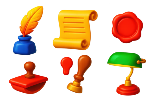 Vintage Writing Icons. 3D icon set of vintage writing: quill feather, inkwell, parchment scroll, wax seal, blotter, desk lamp. A