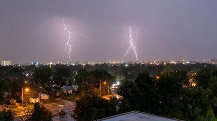 Dramatic thunderstorm sky with intense lightning bolts illuminating thick, ominous clouds over a suburban cityscape at night, full horizon view with vibrant contrast and moody atmosphere