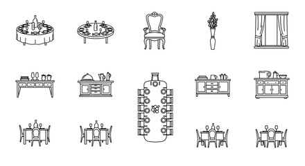 dining room furniture vector line art of tables chairs  decor showcasing room arrangement options for interior design planning  furniture catalogs