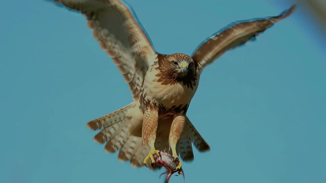 Red-Tailed Hawk Soaring with Prey Against a Clear Blue Sky