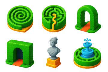 3D Garden Maze Icons. 3D icon set of garden labyrinths: spiral maze, circular hedge, trimmed archway, secret passage, garden