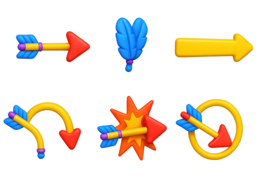 3D Arrow Icons. 3D icon set of arrow flight: arrow mid-air, arrow feathers, straight trajectory, bent arrow, arrow impact,
