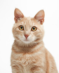 A ginger tabby cat is photographed in a bright close-up against a white backdrop. The expression is curious and friendly.