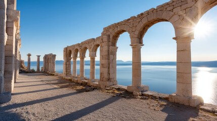 Ancient stone arch ruins overlooking a tranquil golden sea at sunset with long shadows and a clear sky, evoking serenity and historical grandeur