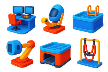 Training Facility Icons. 3D icon set of training facilities: control room, simulation pod, centrifuge arm, neutral buoyancy pool,