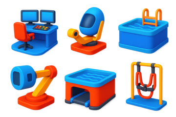 Training Facility Icons. 3D icon set of training facilities: control room, simulation pod, centrifuge arm, neutral buoyancy pool,