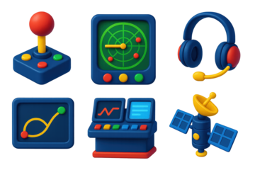 Mission Control Icons. 3D icon set of mission control: joystick control, radar monitor, headset, flight path screen, command desk,