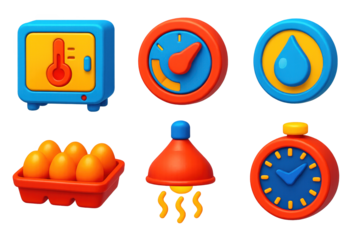 Incubator Icon Set. 3D icon set of incubation devices: heated incubator, thermostat dial, humidity gauge, egg tray, warming lamp,