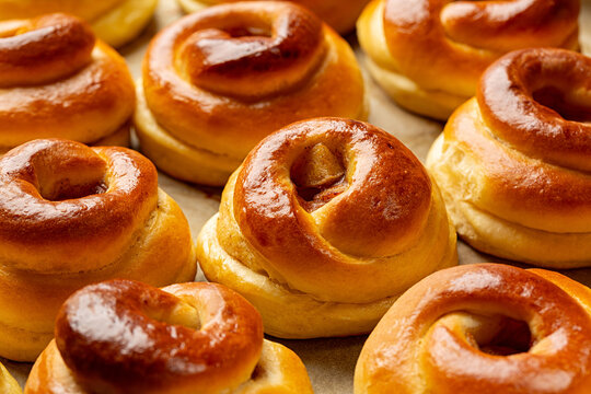 Just baked swirl shape apple and pear cinnamon buns. Food background. Homemade yeast bakery. - Powered by Adobe