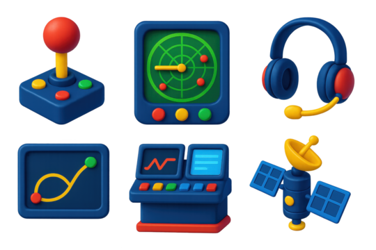 Mission Control Icons. 3D icon set of mission control: joystick control, radar monitor, headset, flight path screen, command desk,