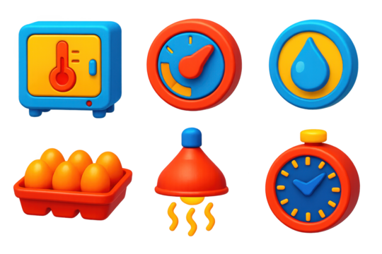 Incubator Icon Set. 3D icon set of incubation devices: heated incubator, thermostat dial, humidity gauge, egg tray, warming lamp,