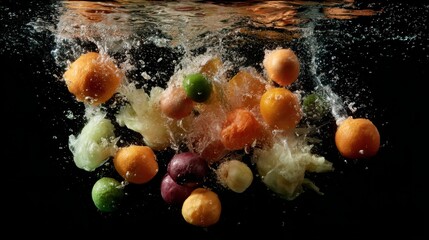 Dynamic overhead shot of colorful mixed fruits falling into clear water creating splashes, bubbles, and ripples with ample space for text on the right