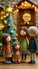 Fototapeta premium Knitted family figures standing by a festive Christmas tree, representing holiday season, family, and warmth