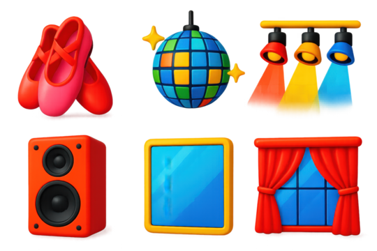 Dance Stage Icons. 3D icon set of dance stage: ballet shoes, disco ball, dance floor lights, speaker box, mirror wall, stage drape