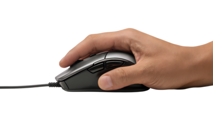 hand using mouse on desk . Isolated on transparent background, png