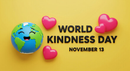 Celebrate World Kindness Day November 13 with this heartwarming graphic featuring a smiling Earth surrounded by vibrant pink hearts, spreading joy and compassion globally for a more connected and cari